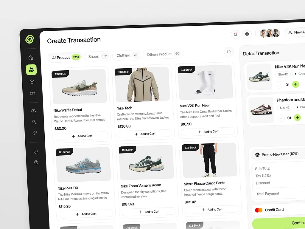 Modern point-of-sale and ecommerce checkout interface with products and inventory