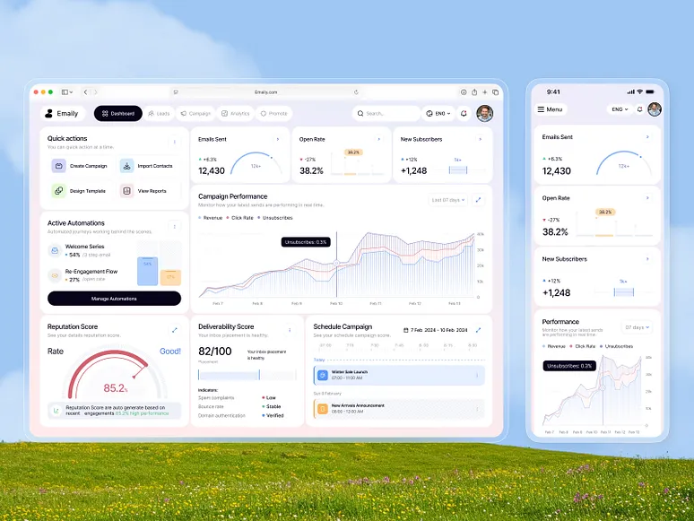 Email analytics dashboard shown on desktop and mobile screens for a platform comparison