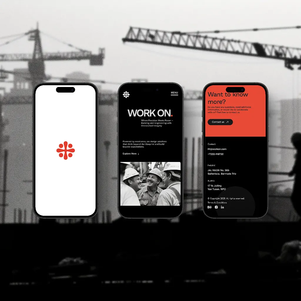 Responsive construction services website displayed across three mobile devices