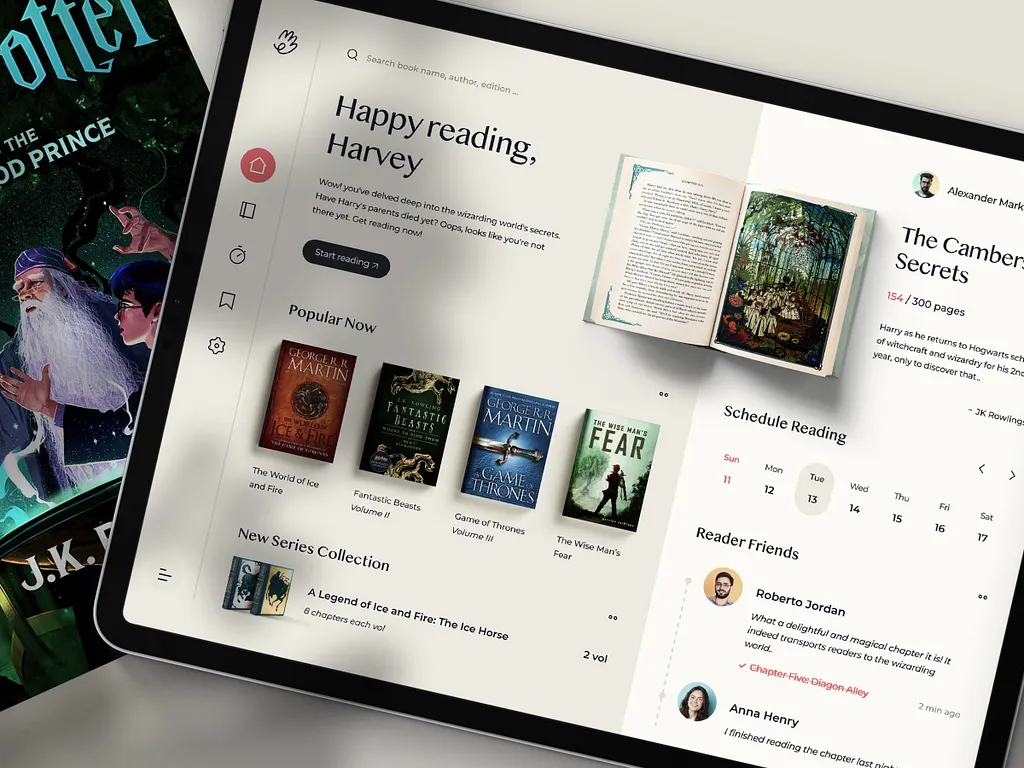 Digital reading interface showing editorial hierarchy, book content and publication design